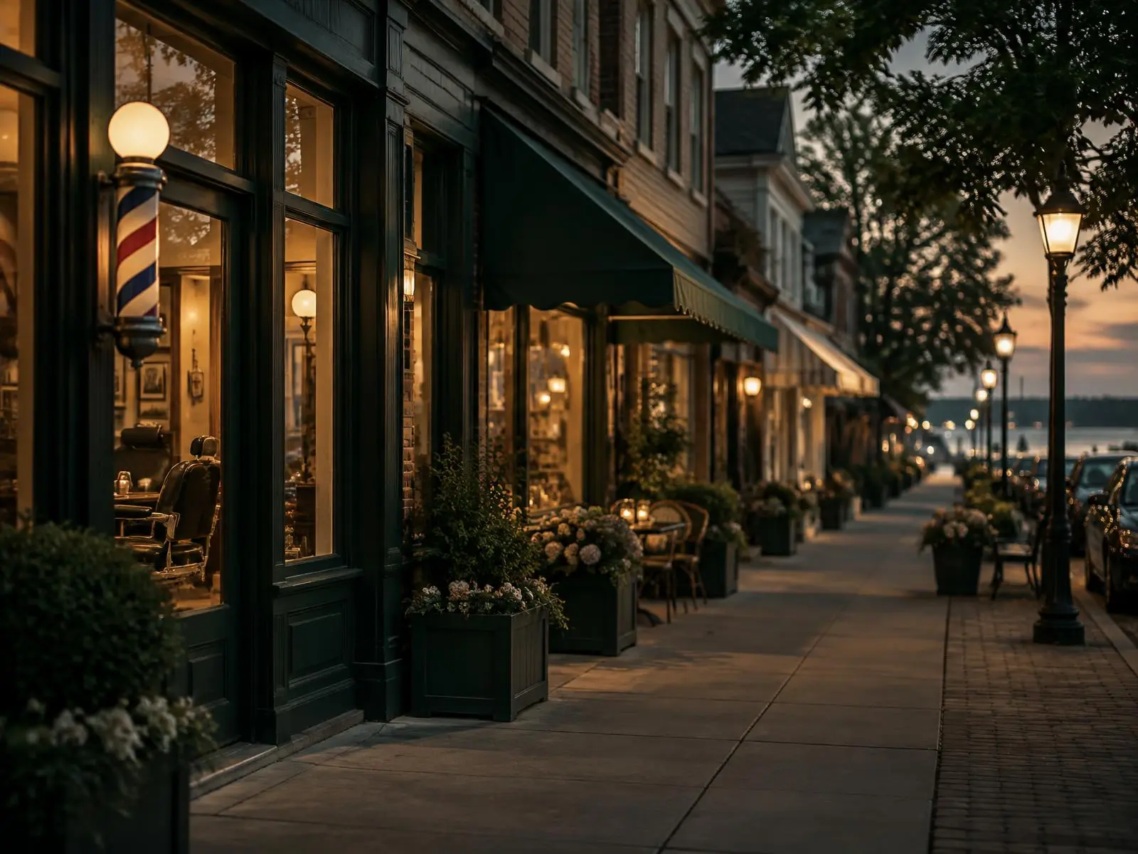 A quiet main street at dusk, shopfronts glowing warmly